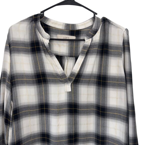Loft Petite Plaid Tunic Blouse Long Sleeve Black White Gold Details Womens Sz LP - Picture 8 of 11